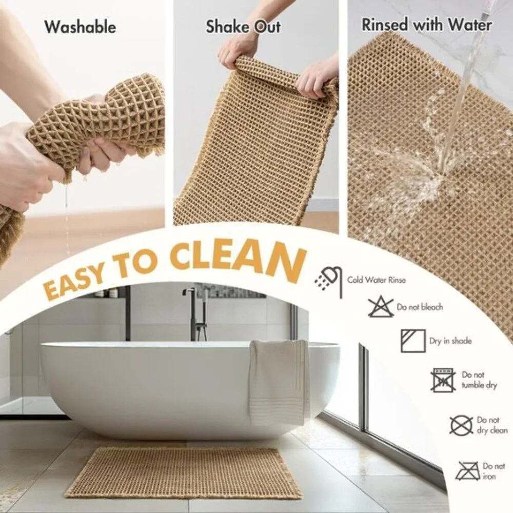 New Set of 2 Brown Waffle Bath Rugs, Non-Slip, Soft, Absorbent, Washable Mats